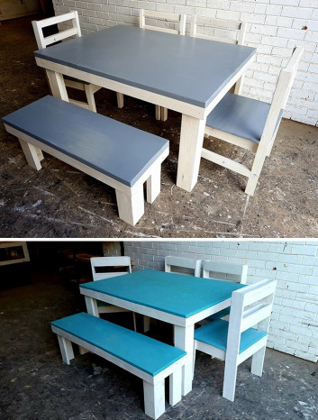 Pallet table ideas with chairs and stool set