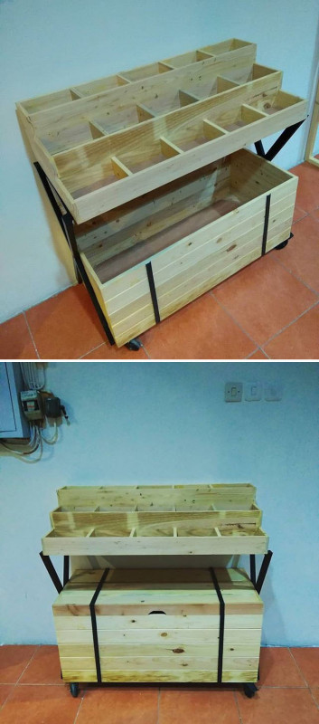 pallet storage bench with boxes