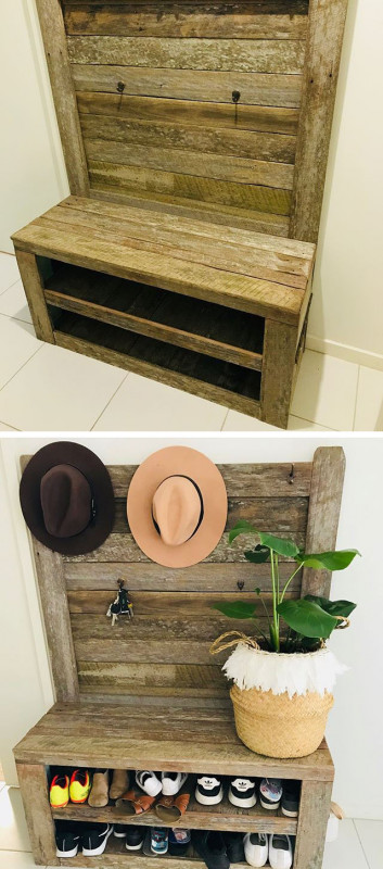 Shoe rack with back,added hooks for hats and keys